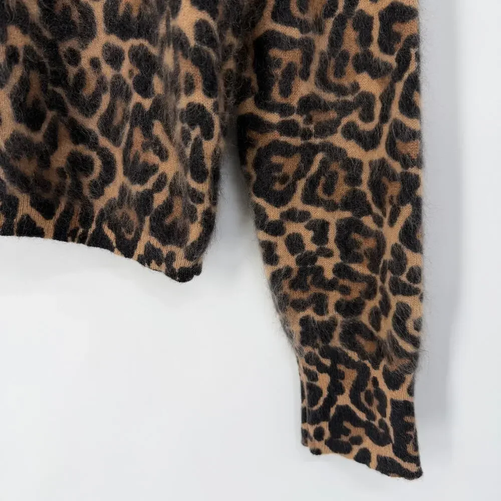 J. Crew 100% Cashmere Shrunken Brushed Crewneck Sweater Leopard Print Fuzzy